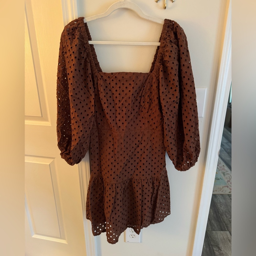 Express chocolate brow eyelet mini dress puff sleeves square neck